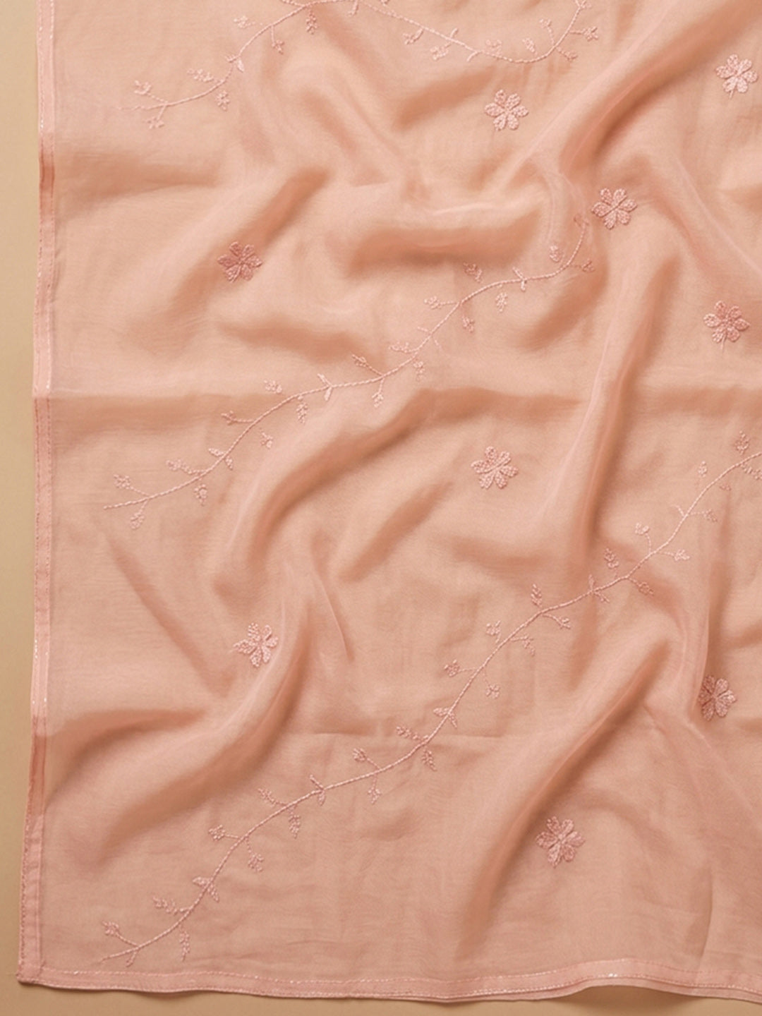 Peach Printed Cotton Blend Unstitched Suit &amp; Pant With Cotton Dupatta