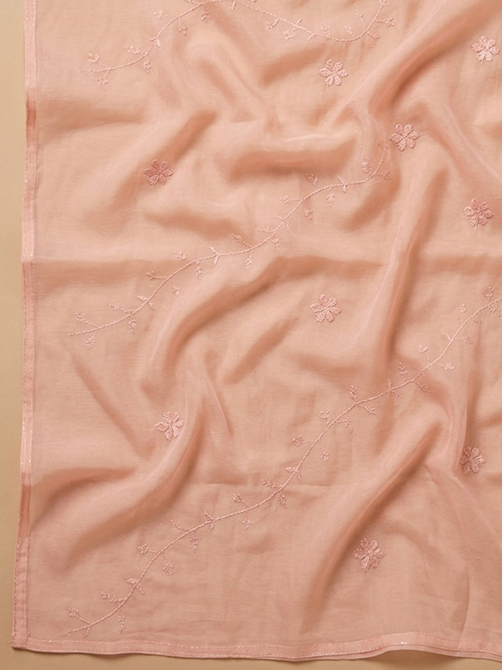 Peach Printed Cotton Blend Unstitched Suit &amp; Pant With Cotton Dupatta