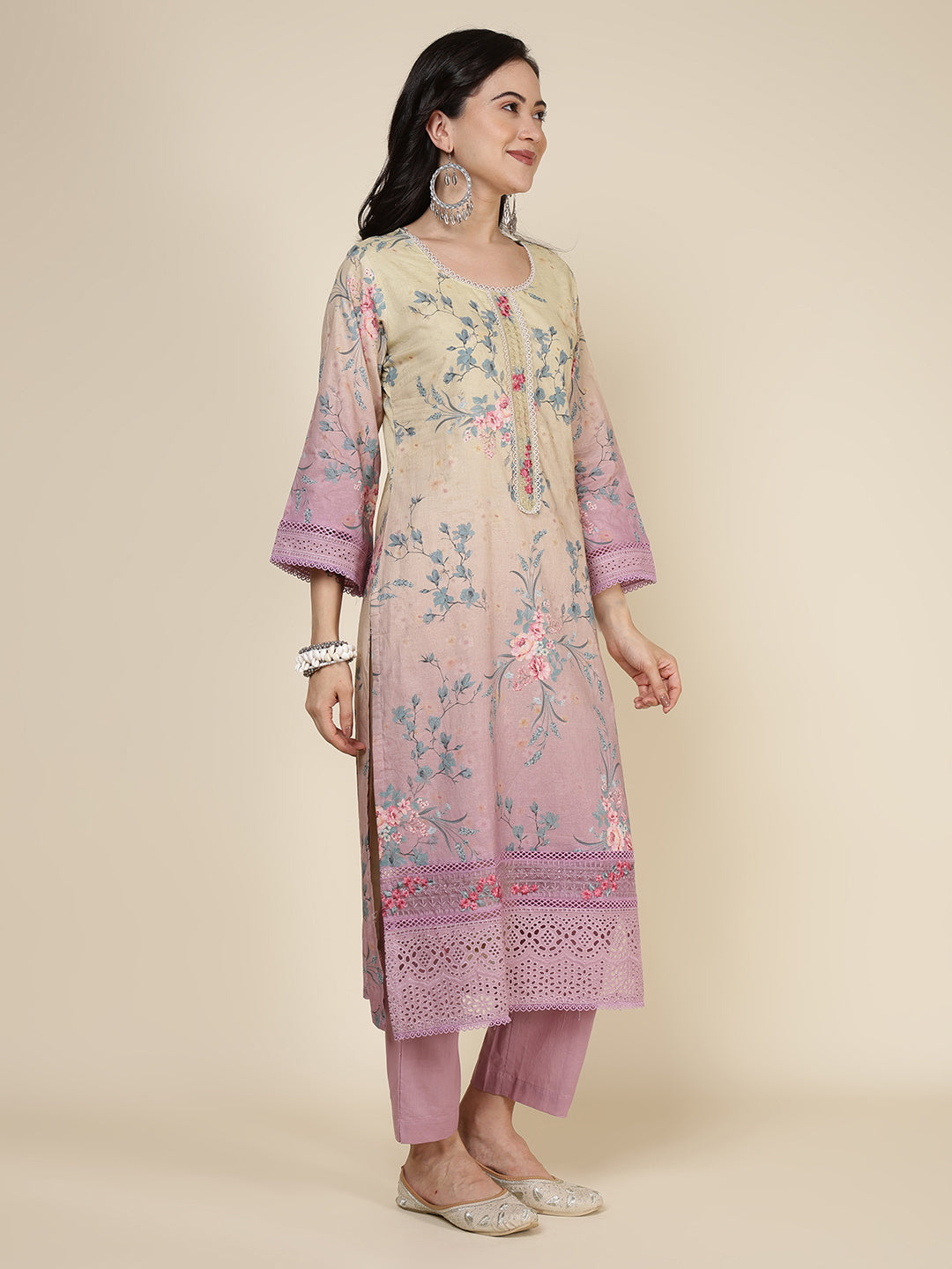 Printed Cotton Blend Kurta With Pants & Dupatta