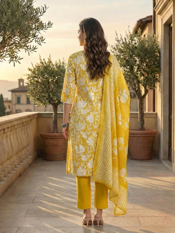 Printed Cotton Kurta With Pant &amp; Dupatta
