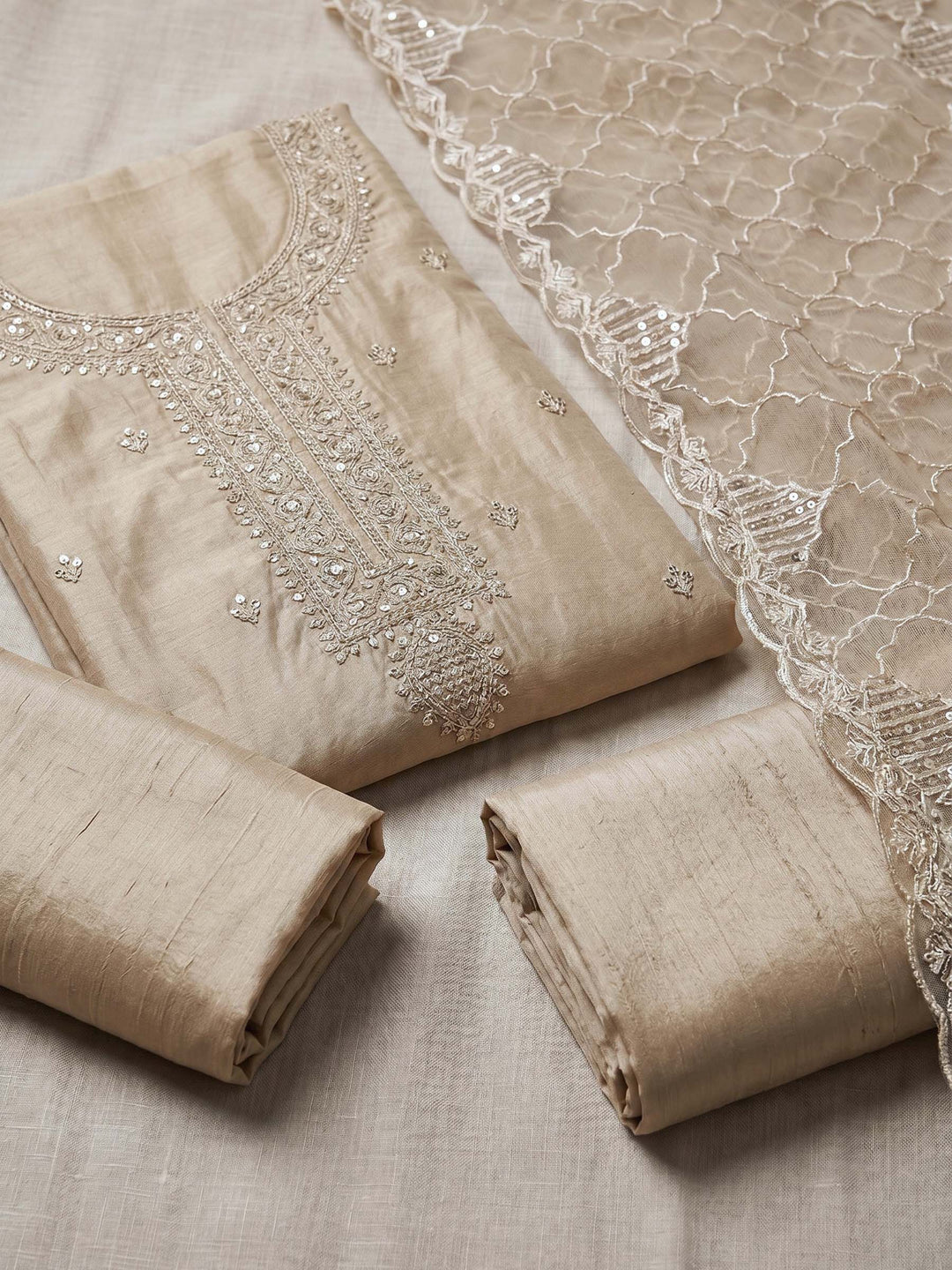Neck Embroidered Chanderi Unstitched Suit With Dupatta