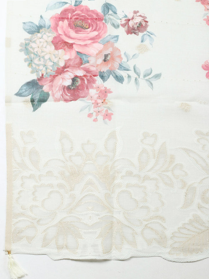 Embroidered Linen Blend Unstitched Suit With Pant &amp; Dupatta