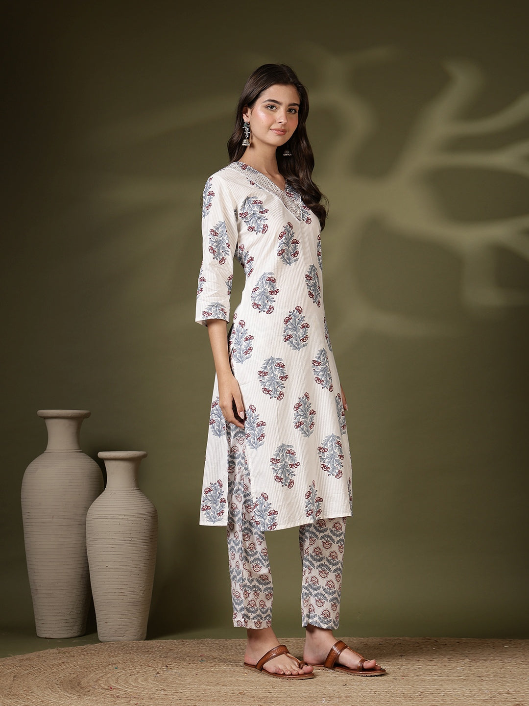 Printed Cotton Blend Kurta With Pant &amp; Dupatta