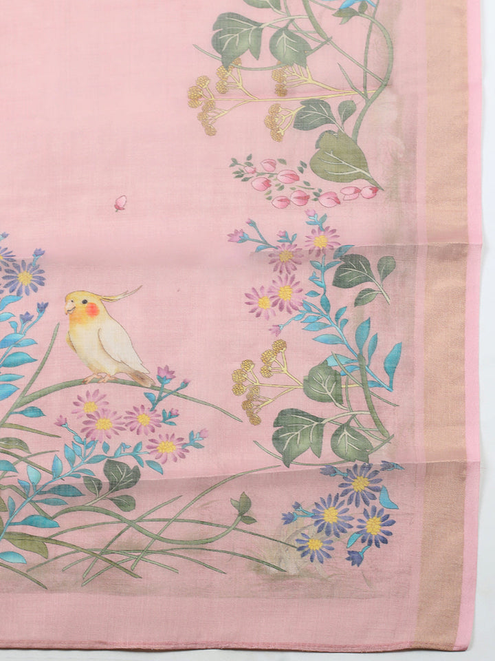 Printed Linen Blend Unstitched Suit With Pant &amp; Dupatta