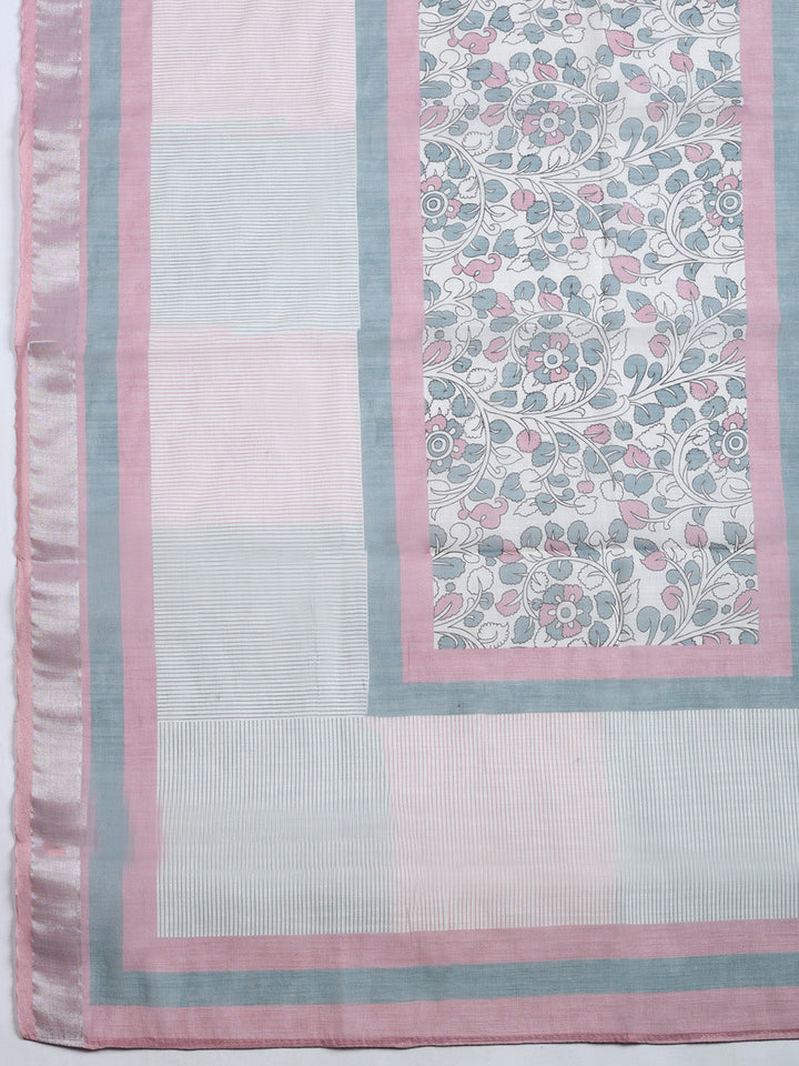 Printed Linen Blend Unstitched Suit With Pant &amp; Dupatta