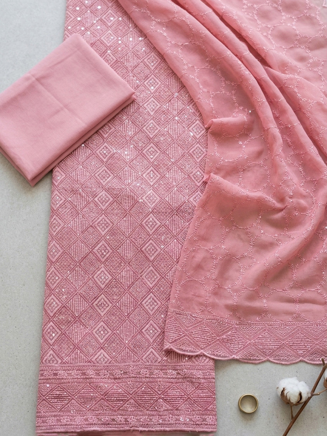 Embroidered Georgette Unstitched Suit With Pant &amp; Dupatta