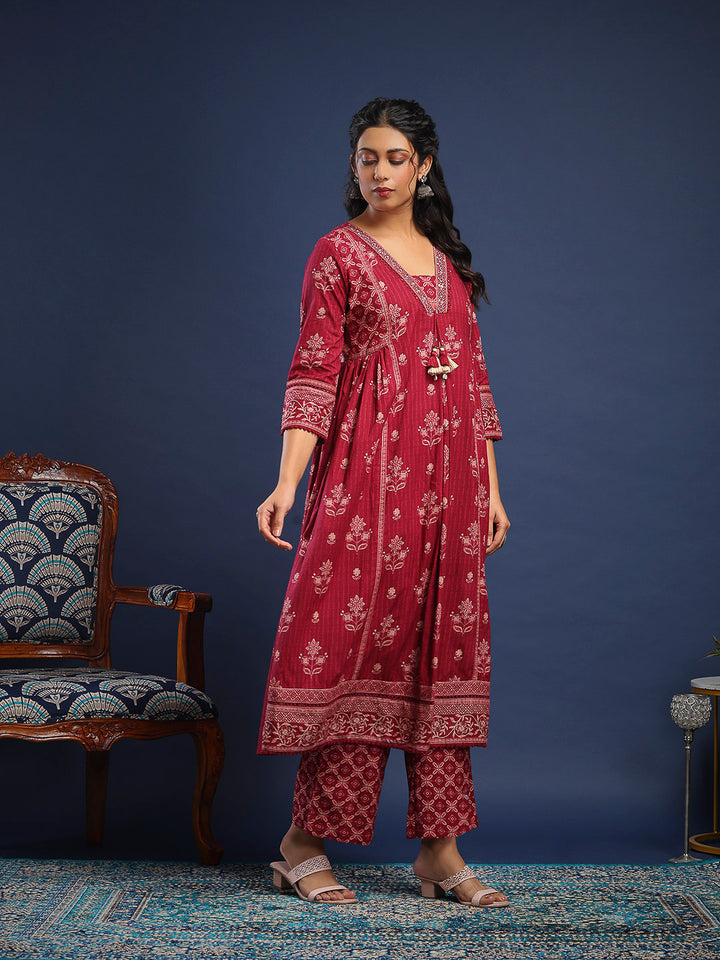 Wine Cotton Blend Printed Straight Suit Set