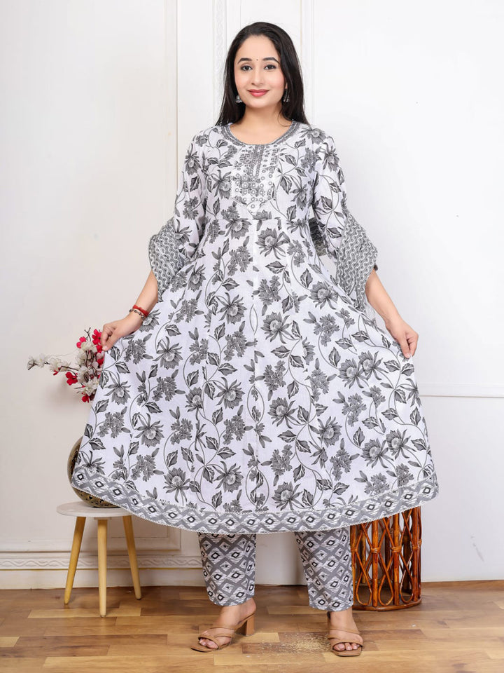 Grey Embroidered Cotton Blend Straight Suit Set With Dupatta