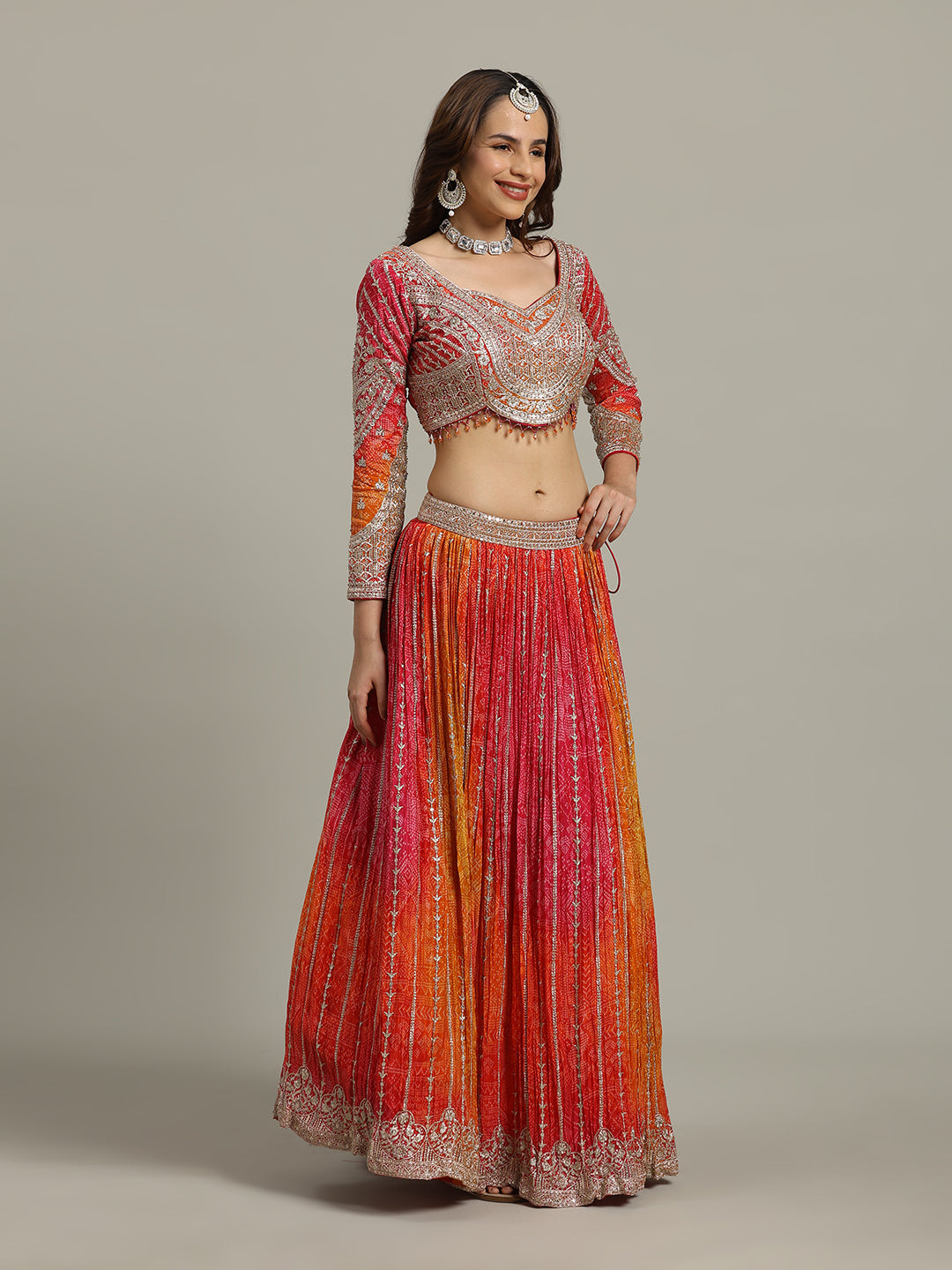 Bandhani Crepe Choli With Lehenga &amp; Dupatta
