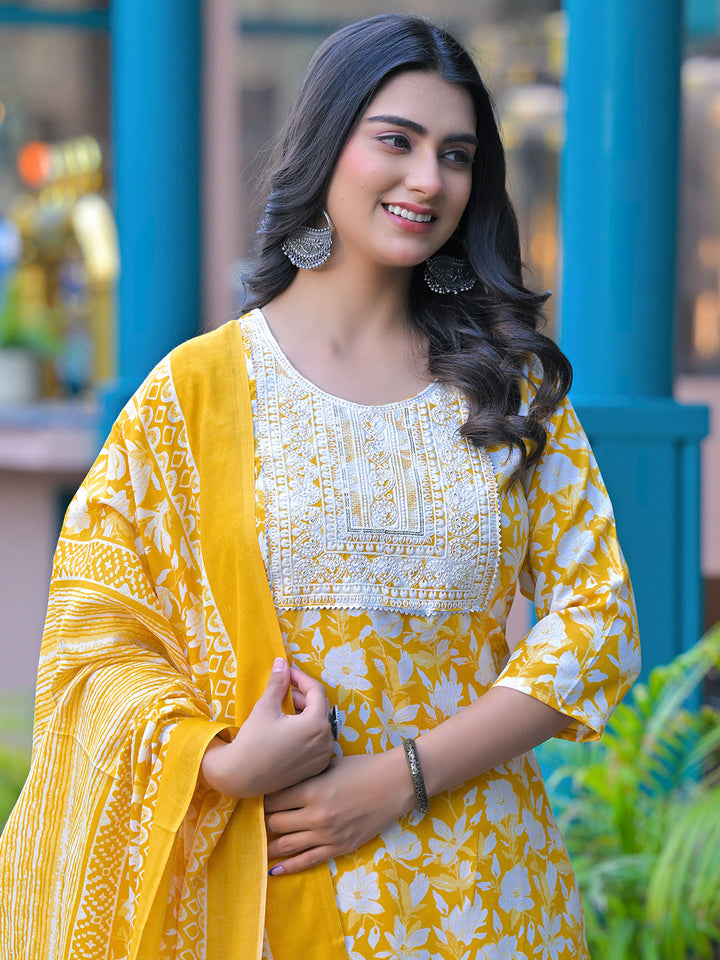 Floral Printed Cotton Kurta With Pants &amp; Dupatta