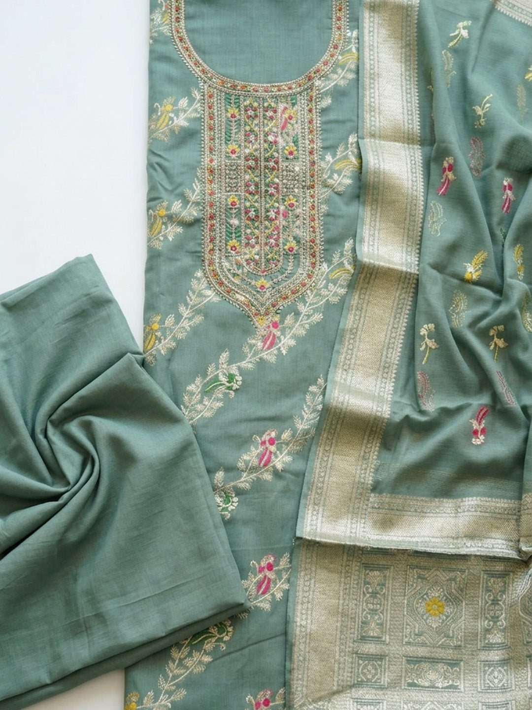 Embroidered Chanderi Unstitched Suit With Pant &amp; Dupatta