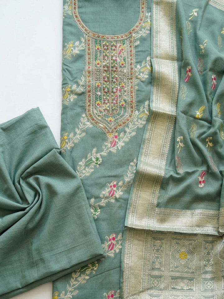Embroidered Chanderi Unstitched Suit With Pant &amp; Dupatta