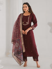 Neck Embroidery Cotton Blend Kurta With Pants & Dupatta