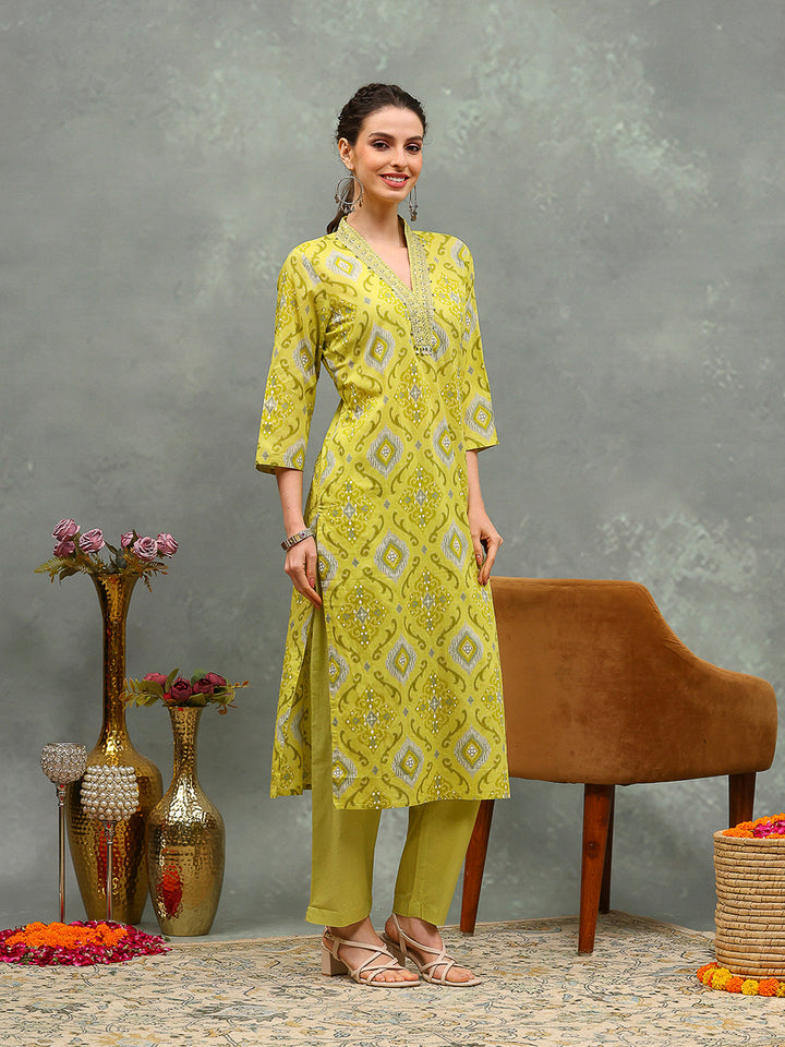 Printed Cotton Blend Kurta With Pants &amp; Dupatta