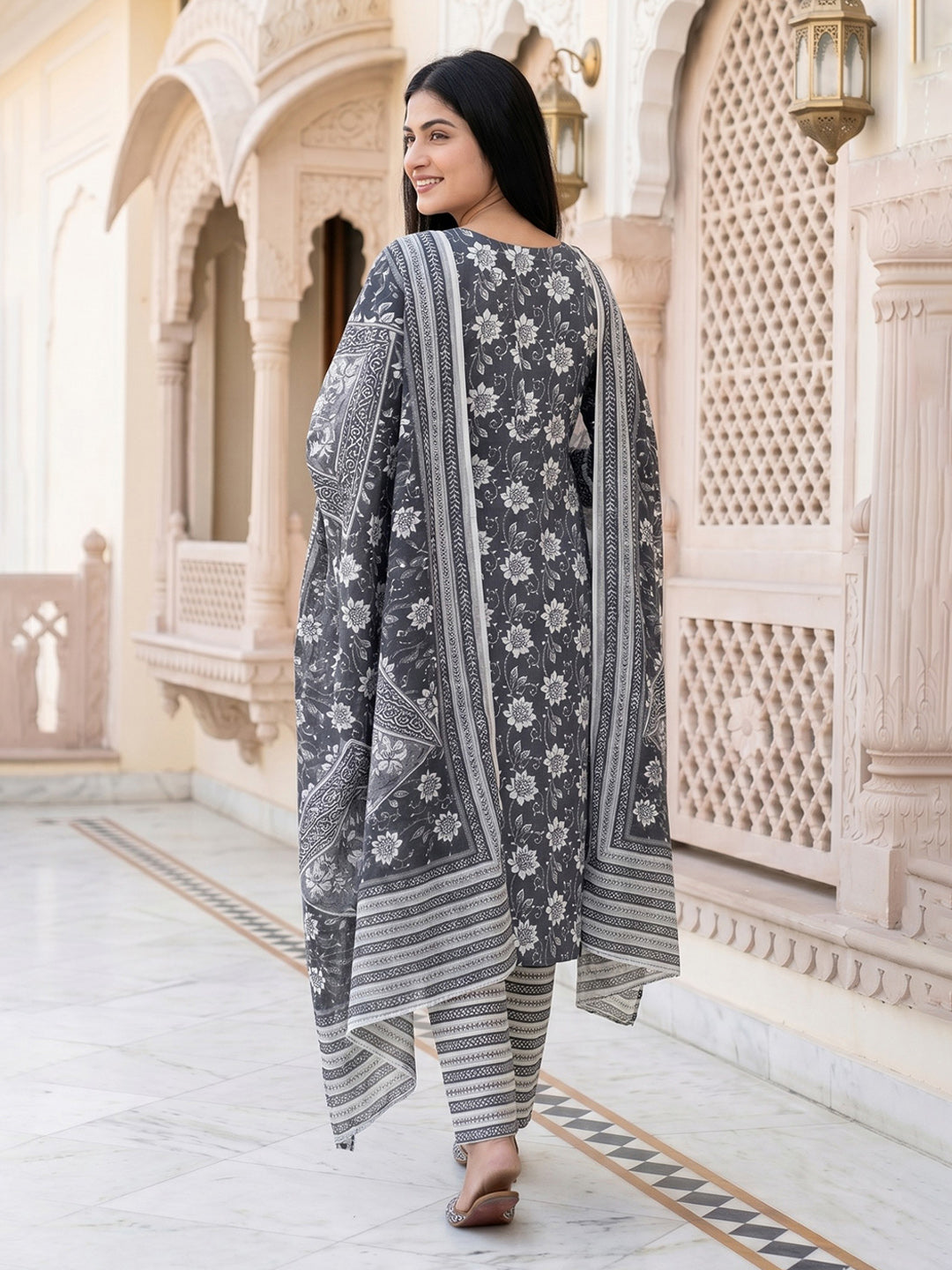 Grey Printed Cotton Blend Straight V Neck Suit Set