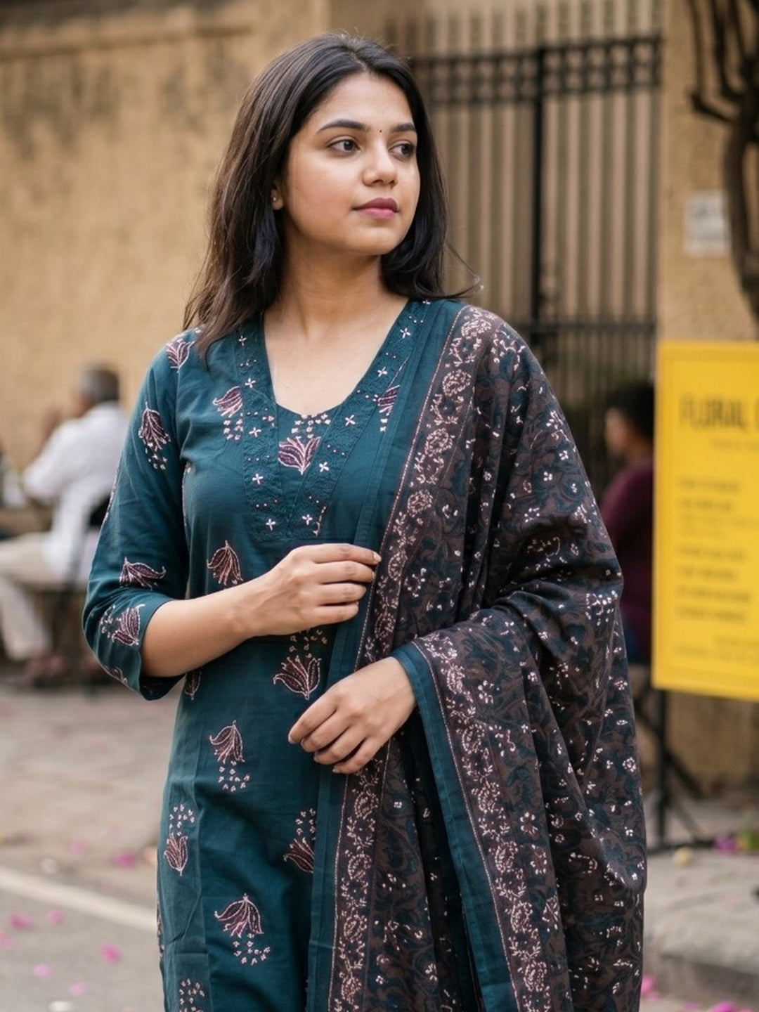 Neck Embroidered Cotton Blend Kurta With Pant &amp; Dupatta