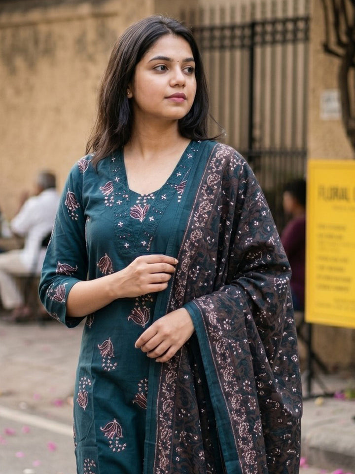 Neck Embroidered Cotton Blend Kurta With Pant &amp; Dupatta