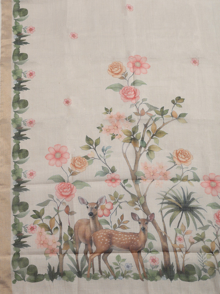 Printed, Linen Blend Unstitched Suit With Pant &amp; Dupatta