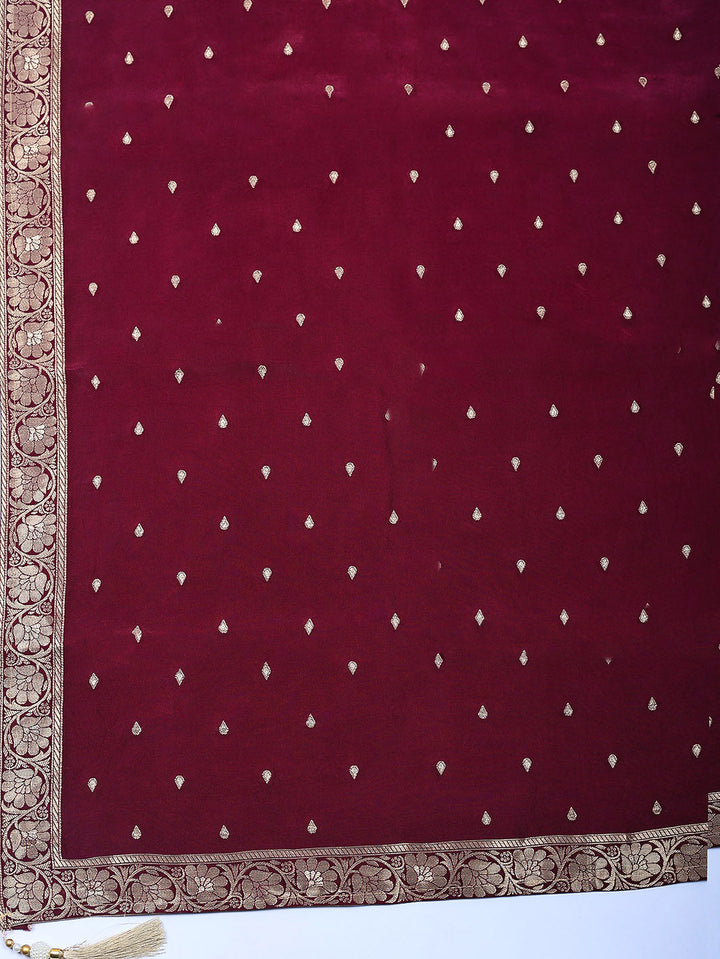 Embroidered Chanderi Unstitched Suit With Pant &amp; Dupatta
