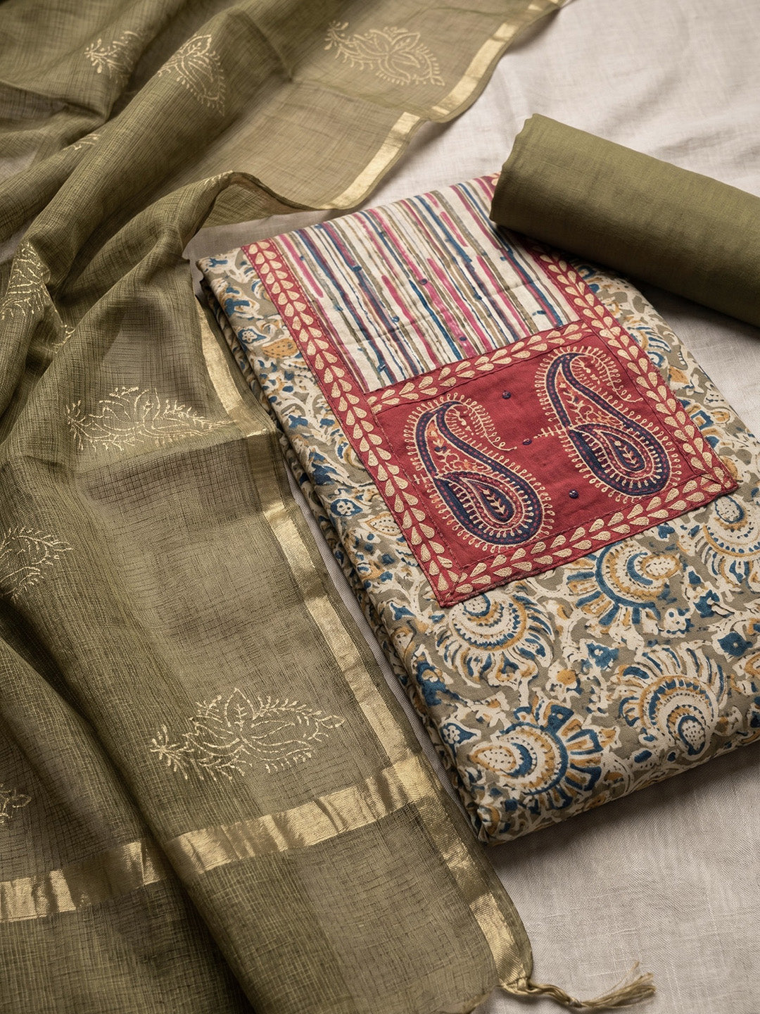 Printed Cotton Blend Unstitched Suit With Pant &amp; Dupatta
