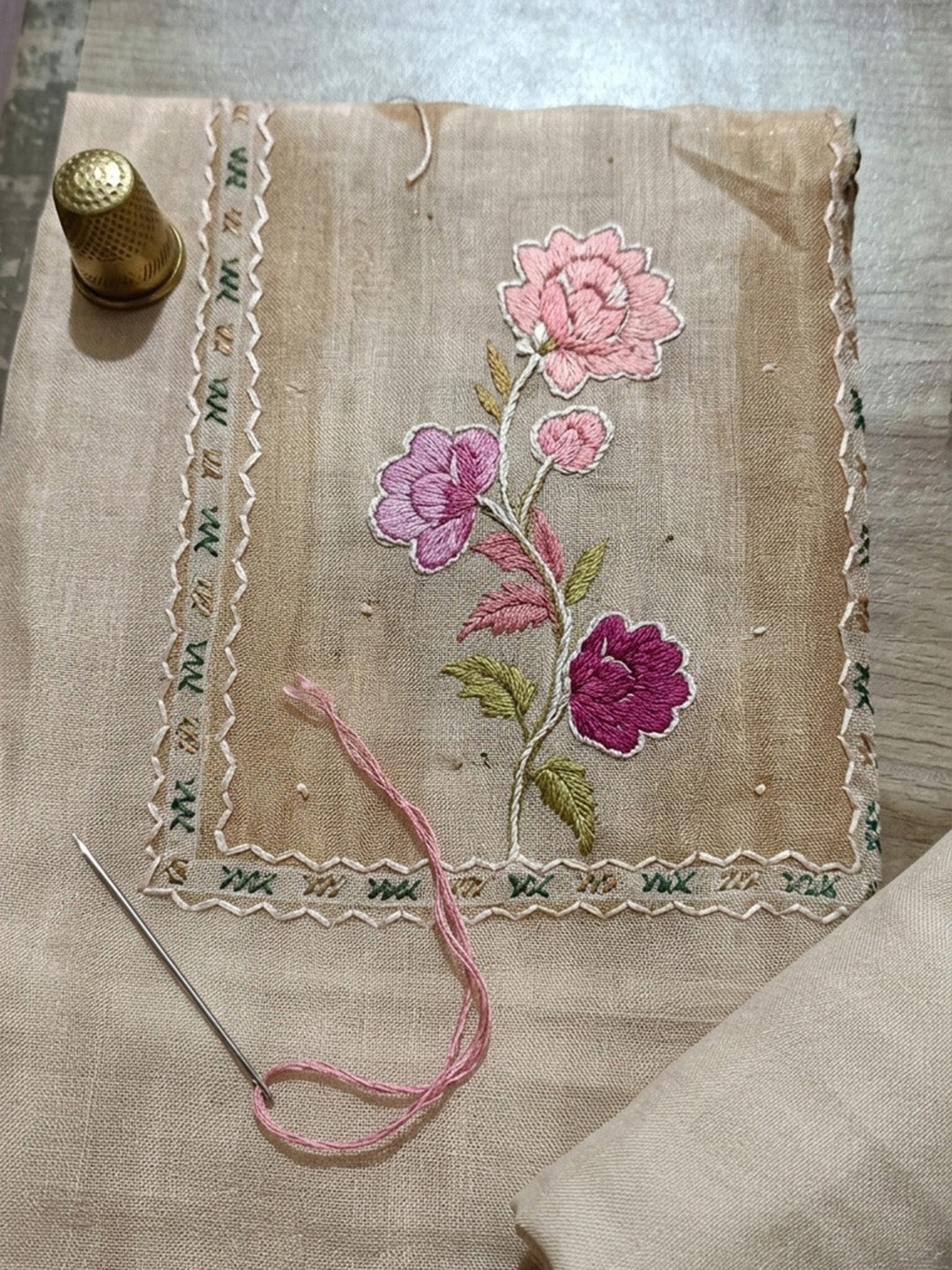 Embroidered Linen Blend Unstitched Suit With Pant &amp; Dupatta