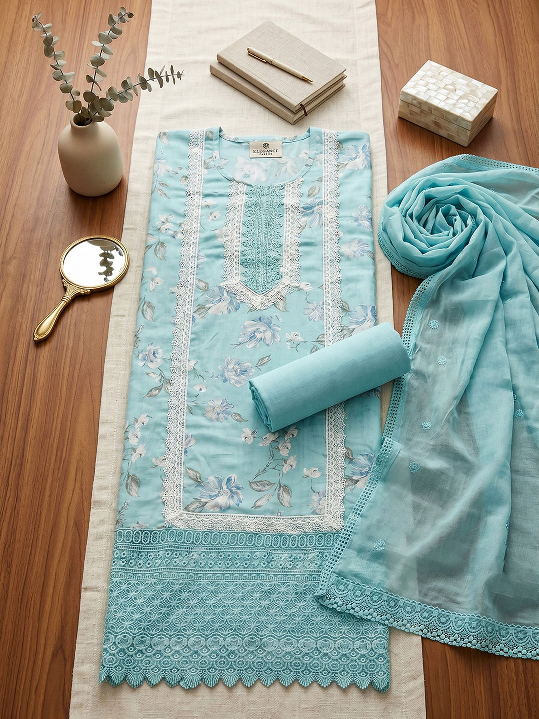 Neck Embroidered Cotton Blend Unstitched Suit With Dupatta