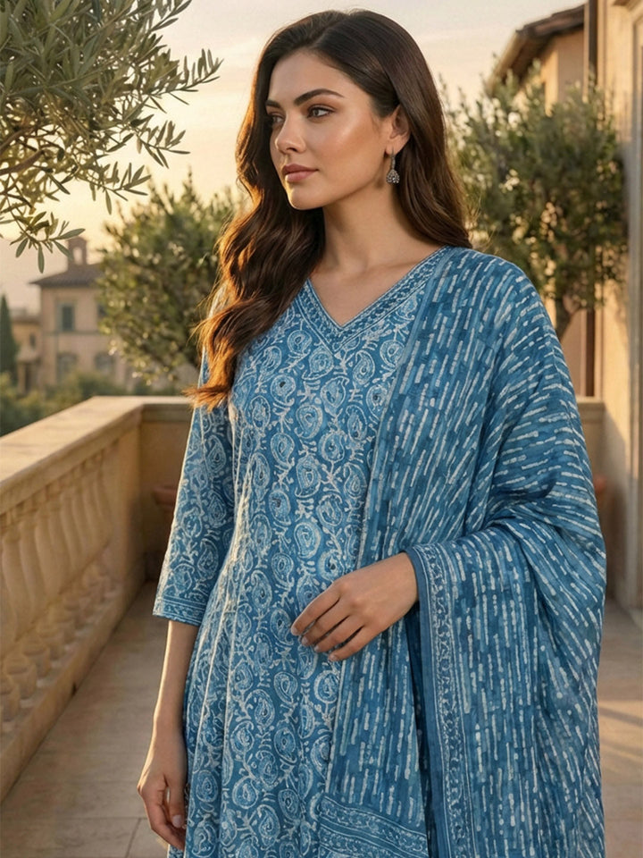 Printed Cotton Blend Suit With Pant &amp; Dupatta