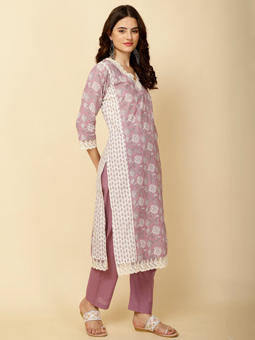 Floral Printed Cotton Straight Kurta With Pants