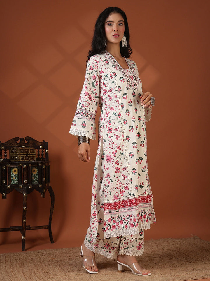 Printed Cotton Blend Kurta With Pant &amp; Dupatta
