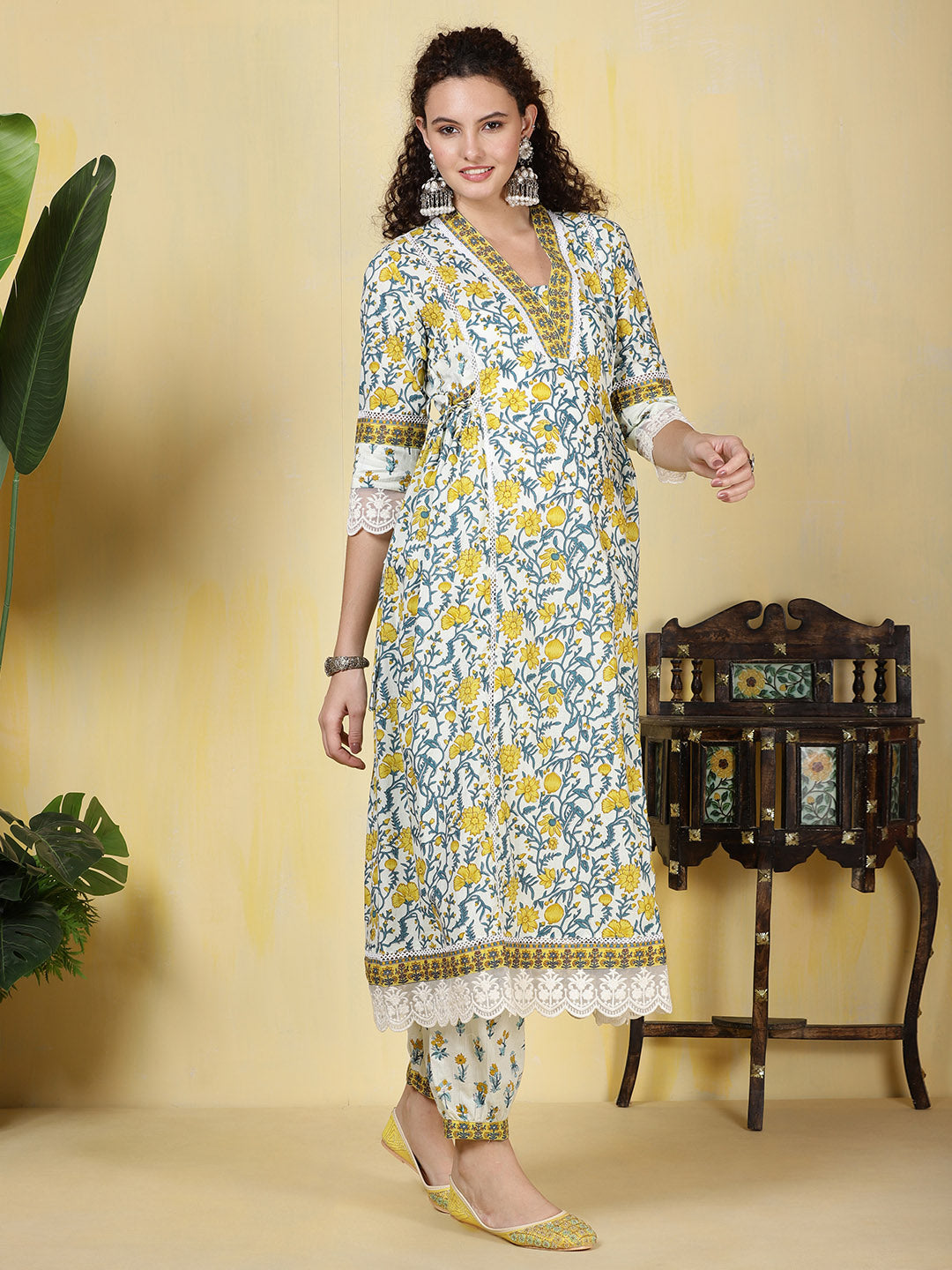 Printed Cotton Blend Kurta With Pants &amp; Dupatta