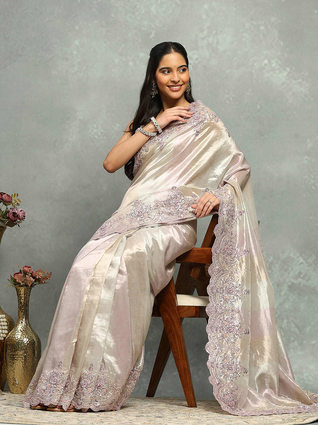Zari Jaal &amp; Sequin Embroidered Tissue Saree