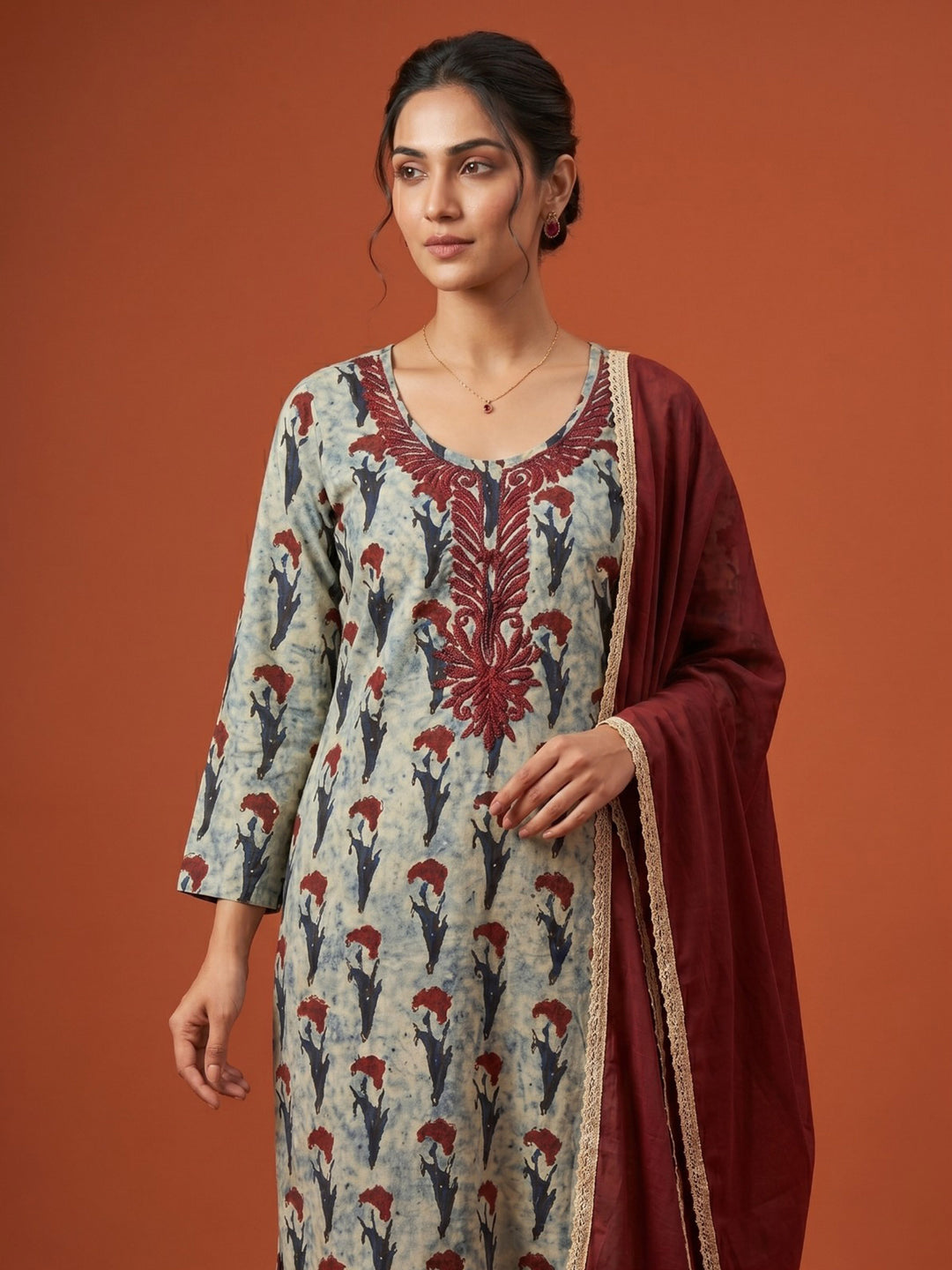 Maroon Embroidered Cotton Blend Straight Round Neck Suit Set