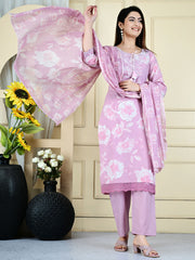 Neck Embroidered Cotton Blend Kurta With Pants & Dupatta