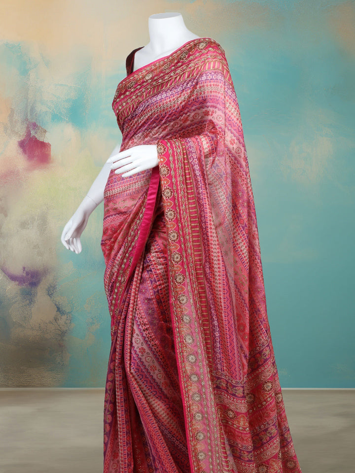 Printed &amp; Embellished Organza Saree