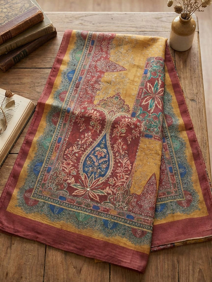 Printed Chanderi Unstitched Suit With Pant &amp; Dupatta