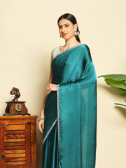 Stone & Mirror Embellished Chinon Rama Green Saree