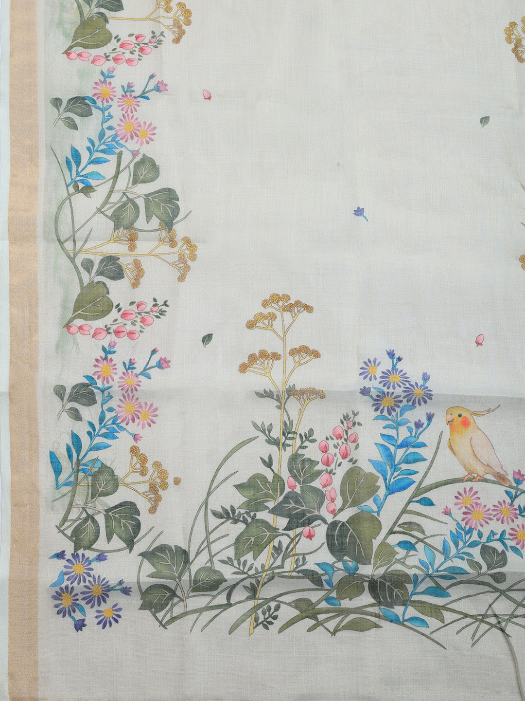 Printed Linen Blend Unstitched Suit With Pant &amp; Dupatta