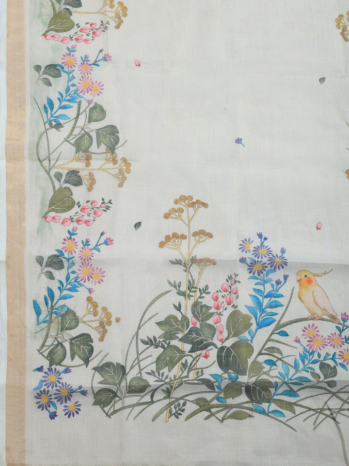 Printed Linen Blend Unstitched Suit With Pant &amp; Dupatta