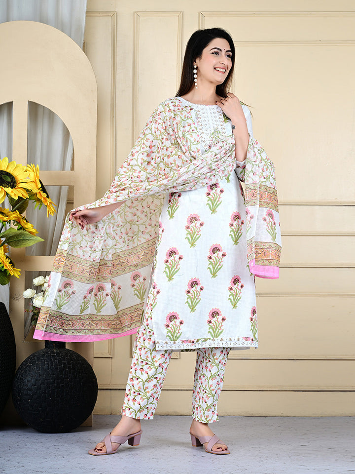 Printed Cotton Blend Kurta With Pants &amp; Dupatta