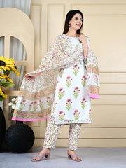 Printed Cotton Blend Kurta With Pants & Dupatta