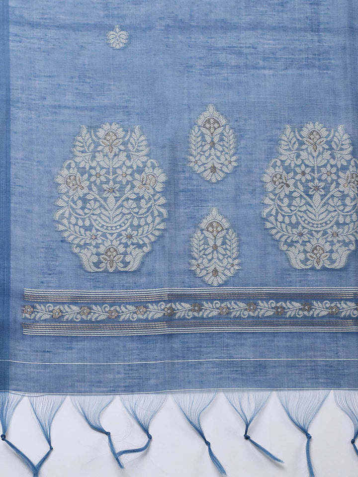 Printed Chanderi Unstitched Suit With Pant &amp; Dupatta