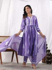 Printed Cotton Kurta With Pants & Dupatta With Bag