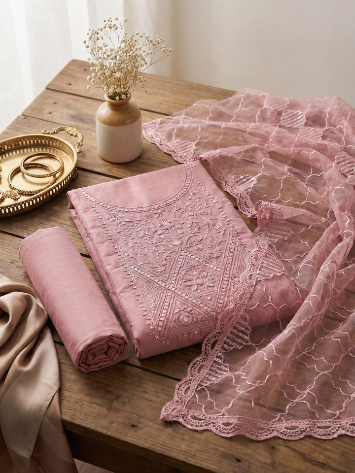 Neck Embroidered Chanderi Unstitched Suit With Dupatta