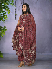 Floral Printed Cotton Kurta With Pants & Dupatta