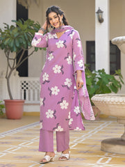 Printed Cotton Blend Kurta With Pants & Dupatta