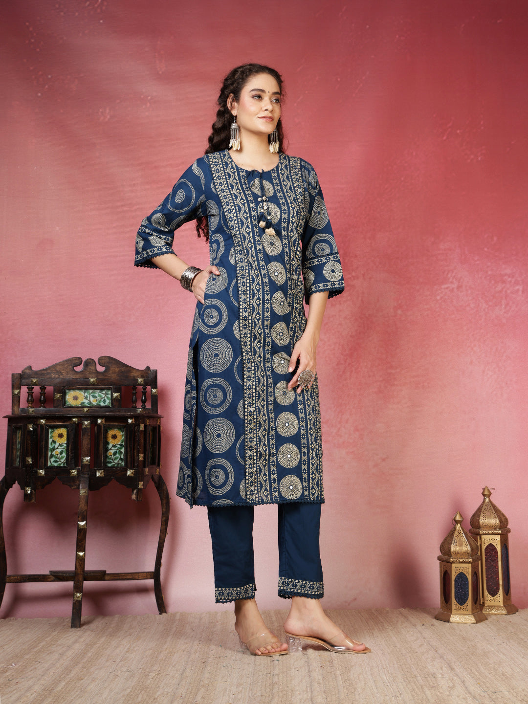 Printed Cotton Blend Kurta With Pants & Dupatta