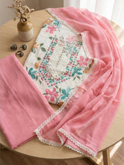 Embroidered Cotton Blend Unstitched Suit With Pant & Dupatta