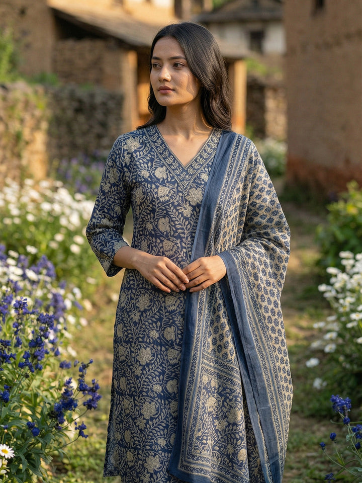 Printed Cotton Blend Kurta With Pant &amp; Dupatta