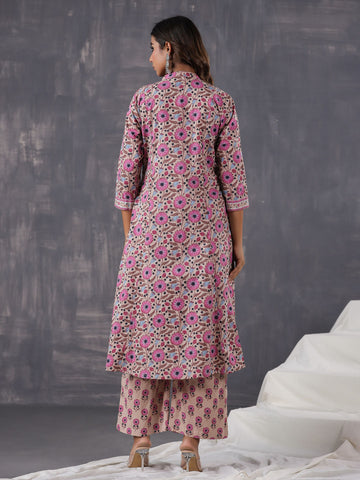 Floral Printed Cotton Blend  Kurta With Pants