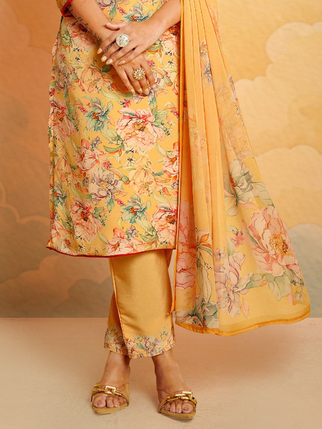 Printed Crepe Unstitched Suit With Pant &amp; Dupatta